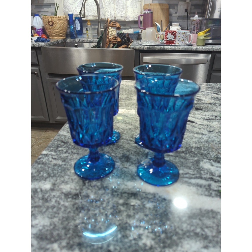 4 NORITAKE Perspective Blue Vintage 1970s Stemmed Water Goblets 6.5"
